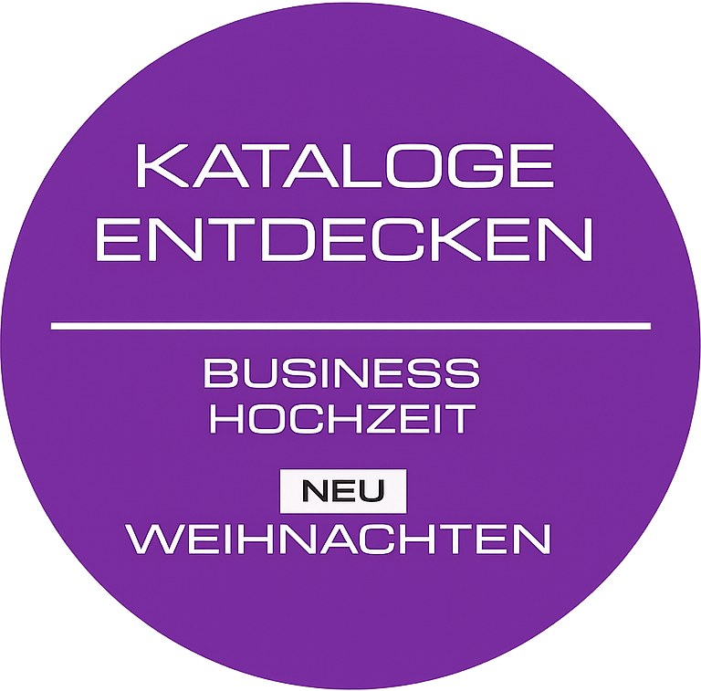 Lila Kreis mit weißer deutscher Schrift: "Kataloge entdecken. Business, Hochzeit, Neu Weihnachten.